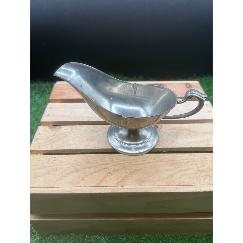 Early American Pewter Gravy Boat L.B. Hallmark Footed Sauce Pitcher